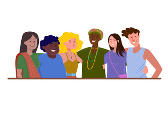 A group of men and women representing different cultures. The concept of racial equality and the fight against racism. Diversity of people and friendship. Vector illustration of people