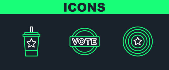 Set line American star shield, Paper glass with straw and Vote icon. Vector