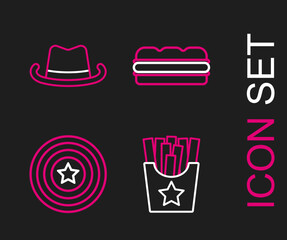 Set line Potatoes french fries in box, American star shield, Sandwich and Western cowboy hat icon. Vector