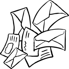 Post mail envelop to send letter, wedding invitation, birthday congratulation postcard. Delivering information old way offline. Hand drawn illustration, cartoon vintage line style vector drawing.