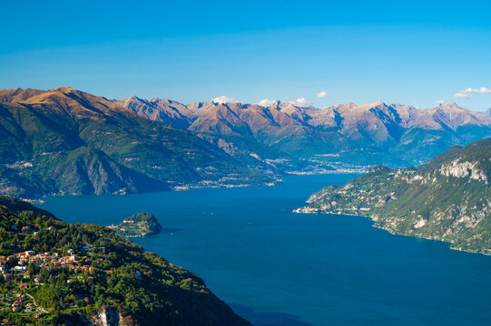 Panorama on Lake Como, photographed from the town of Barni, with Bellagio and all the mountains that overlook it.