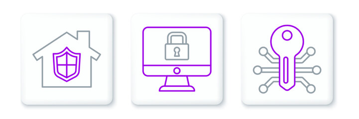 Set line Smart key, House under protection and Lock monitor icon. Vector
