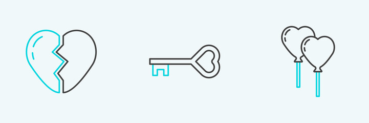 Set line Balloons in form of heart, Broken and Key shape icon. Vector