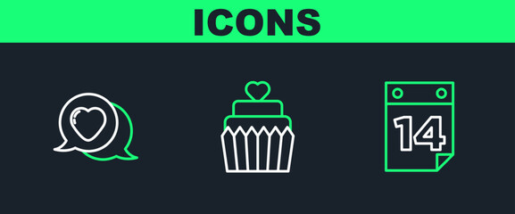 Set line Calendar with February 14, Heart in speech bubble and Wedding cake heart icon. Vector