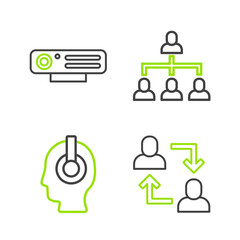 Set line Project team base, Freelancer, Hierarchy organogram chart and Web camera icon. Vector
