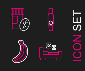 Set line Time to sleep, Banana, Smartwatch and Vitamin pill icon. Vector