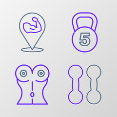 Set line Dumbbell, Women waist, Weight and Bodybuilder muscle icon. Vector