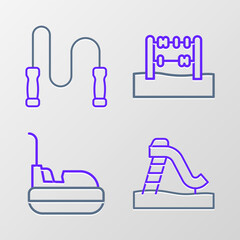 Set line Kid slide, Bumper car, Abacus and Jump rope icon. Vector