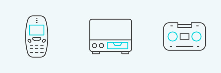 Set line Retro audio cassette tape, Old mobile phone and video player icon. Vector