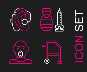 Set line Walker, Head of deaf and dumb, Syringe and Hearing aid icon. Vector