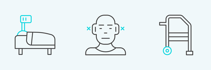 Set line Walker, Hospital bed and Deaf icon. Vector