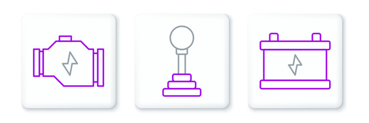 Set line Car battery, Check engine and Gear shifter icon. Vector
