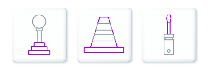 Set line Screwdriver, Gear shifter and Traffic cone icon. Vector