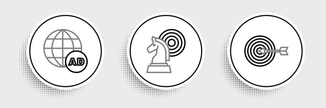 Set line Target, Advertising and Chess icon. Vector