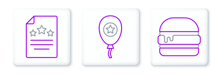 Set line Burger, Declaration of independence and Balloons icon. Vector