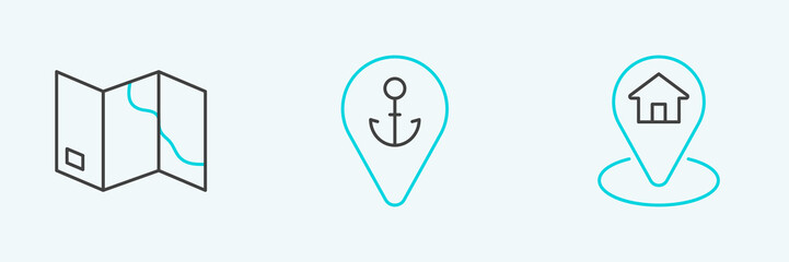 Set line Location with house, Folded map and anchor icon. Vector