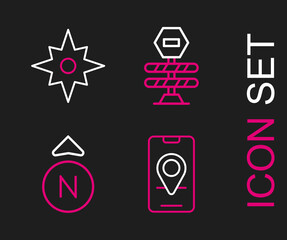 Set line City map navigation, Compass, Road barrier and Wind rose icon. Vector