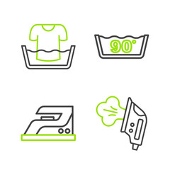Set line Electric iron, Temperature wash and Basin with shirt icon. Vector