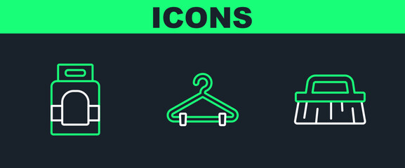 Set line Brush for cleaning, Laundry detergent and Hanger wardrobe icon. Vector