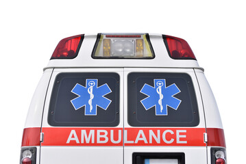Rear of ambulance vehicle with symbol of Rod of Asclepius