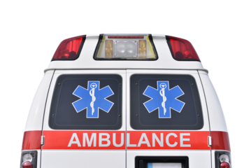 Rear of ambulance vehicle with symbol of Rod of Asclepius
