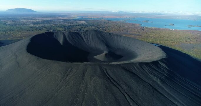 Aerial shot of an inactive Hverfjall volcano, Iceland
