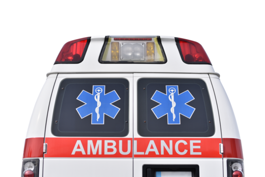 Rear of ambulance vehicle with symbol of Rod of Asclepius