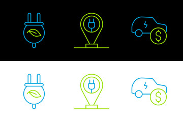 Set line Electric car price, saving plug in leaf and Charging parking electric icon. Vector