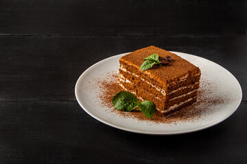 Italian dessert tiramisu on dark background.