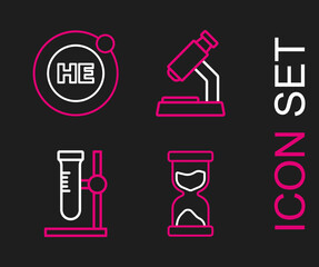 Set line Old hourglass, Test tube flask on stand, Microscope and Helium icon. Vector