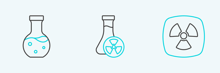 Set line Radioactive, Test tube and with toxic liquid icon. Vector