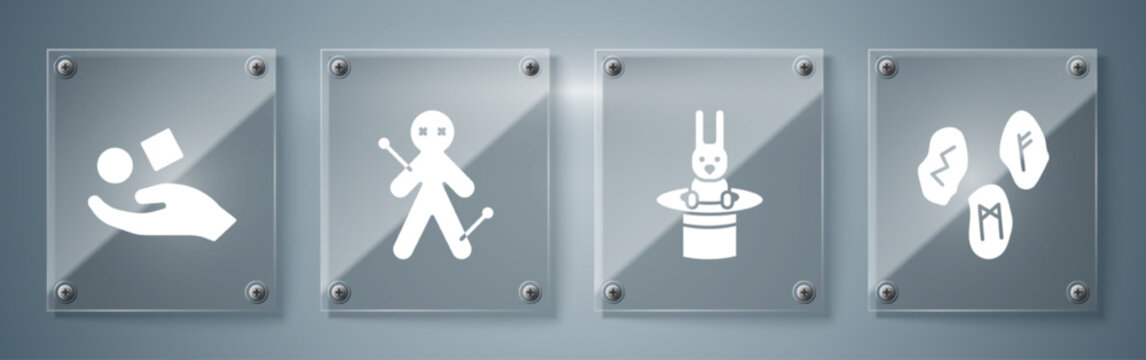 Set Magic runes, Magician hat and rabbit, Voodoo doll and Cube levitating above hand. Square glass panels. Vector
