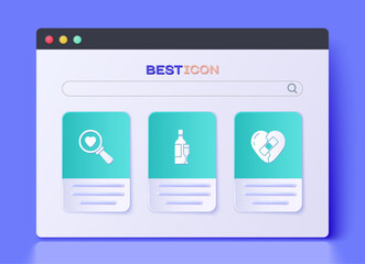 Set Champagne bottle, Search heart and love and Healed broken icon. Vector