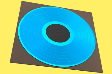 Black vinyl LP record with cover isolated on yellow background.
