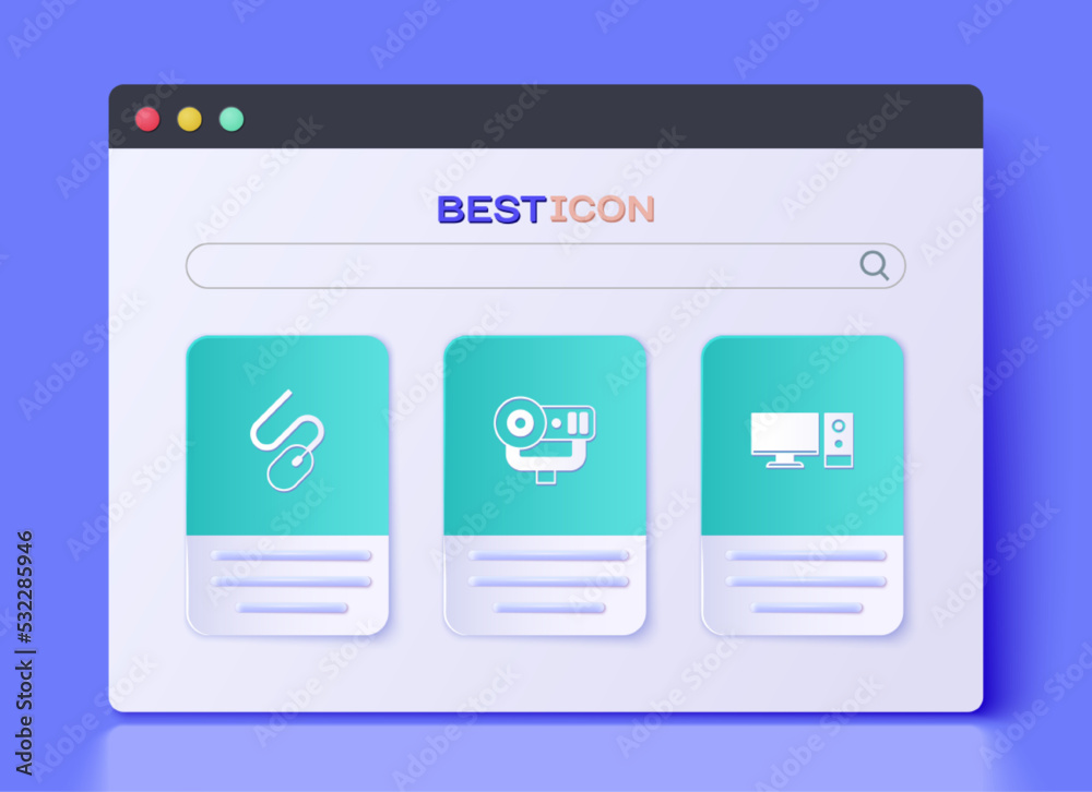 Poster set web camera, computer mouse and monitor icon. vector