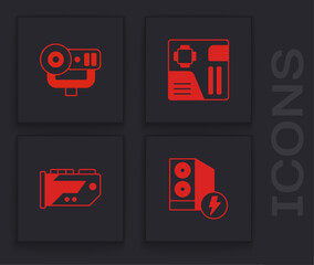 Set Case of computer, Web camera, Motherboard digital chip and Video graphic card icon. Vector