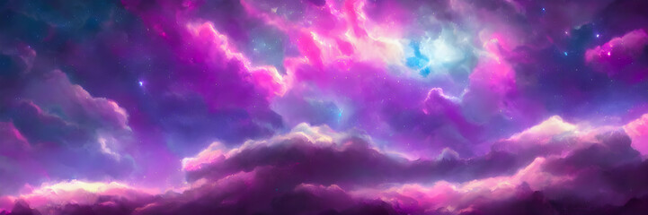 Space background with stardust and shining stars. Fantasy colorful cosmos. Alien planets. Banner size