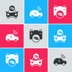 Set Eco car, Smart system and nature leaf battery icon. Vector
