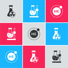 Set Test tube with toxic liquid, flask on stand and Helium icon. Vector