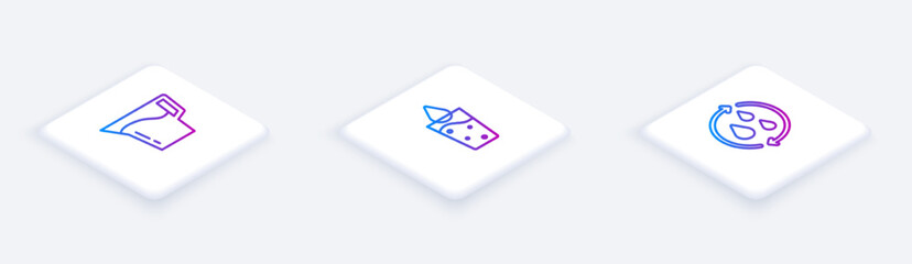 Set Isometric line Jug glass with water, Glass and Recycle clean aqua. White square button. Vector