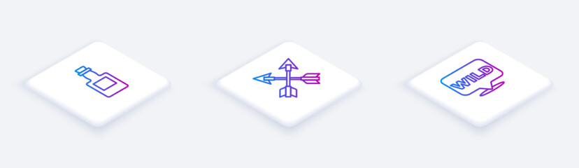 Fototapeta premium Set Isometric line Tequila bottle, Crossed arrows and Pointer to wild west. White square button. Vector