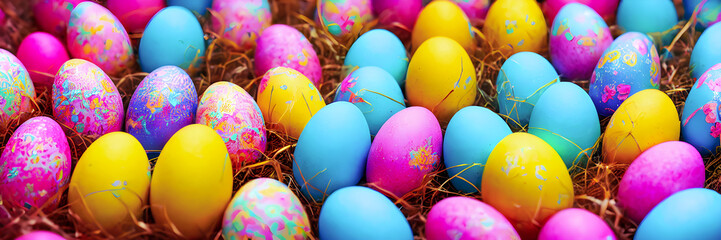 Fototapeta na wymiar Colorful Easter Eggs Background. Banner size. 3D