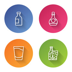 Set line Glass bottle of vodka, Bottle cognac or brandy, Shot glass and Beer. Color circle button. Vector