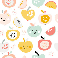 Fruit print on a white background. Cute hand-drawn smiling apples of different shapes and colors. Seamless pattern with food vector illustration for kitchen room wallpaper or towel fabric.