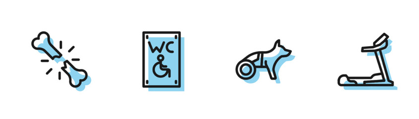 Set line Dog in wheelchair, Human broken bone, Separated toilet for disabled and Treadmill machine icon. Vector