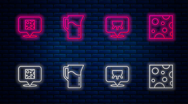Set line Milk jug or pitcher, Udder, Cheese and . Glowing neon icon on brick wall. Vector