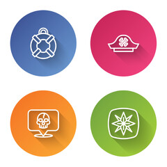 Set line Lifebuoy, Pirate hat, Skull and Wind rose. Color circle button. Vector