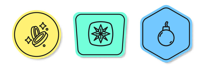 Set line Pirate coin, Wind rose and Bomb ready to explode. Colored shapes. Vector