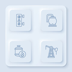 Set line Gas filling station, Oil tank storage, Propane gas and pump pump jack. White square button. Vector