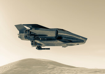 metal space ship is passing by on the desert sand